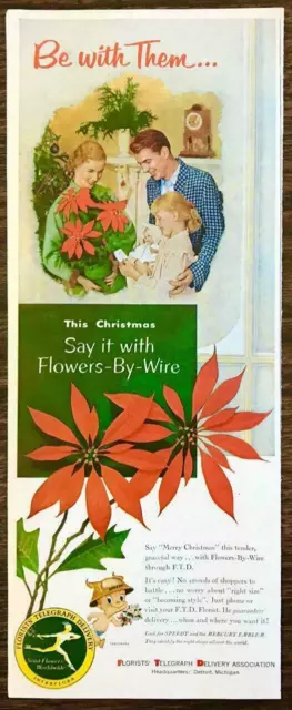 1953 FTD Florists PRINT AD Say Merry Christmas Flowers by Wire Poinsettia