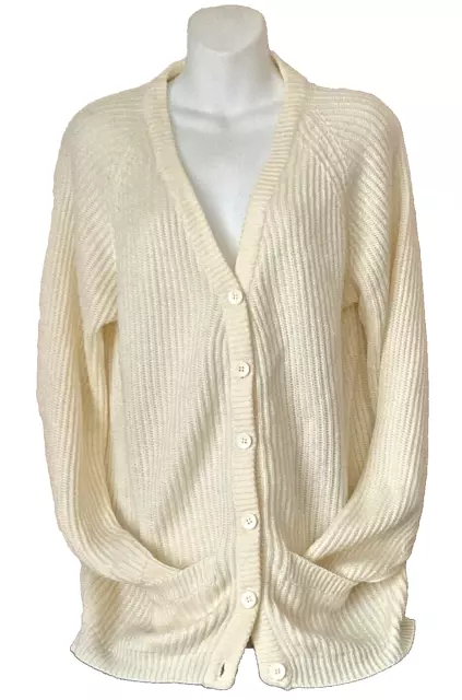 Vintage Sweater Cardigan Women's Sz. L Knit Cream Acrylic by RENDEZ VOUS Pockets