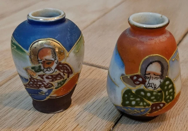 2 Vintage Japanese Hand Painted Porcelain Miniature Satsuma Temple Vases