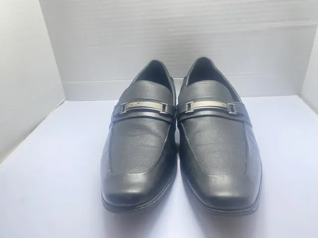 CALVIN KLEIN Black Leather Slip On Oxford Dress Shoe Loafer Silver Buckle Sz 11