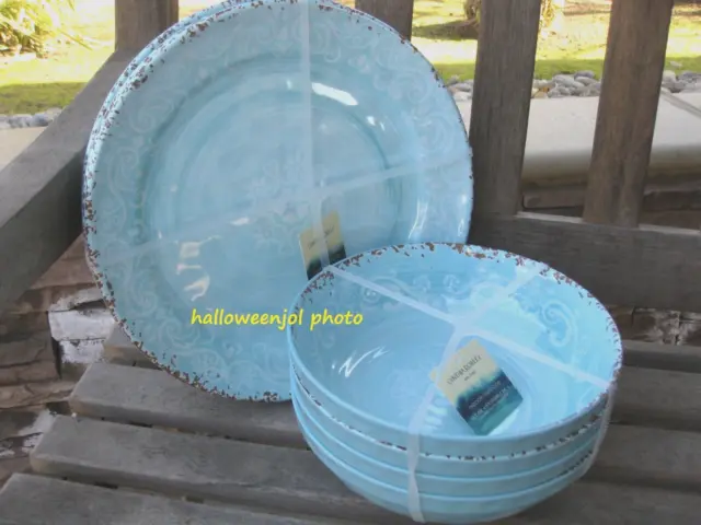 8pc CYNTHIA ROWLEY Aqua Blue DINNER Plates SALAD Bowls MELAMINE Scroll Medallion