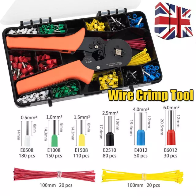 640Pcs Ratchet Crimp Tool Ferrule Crimper Plier Wire Terminal Connector Set UK