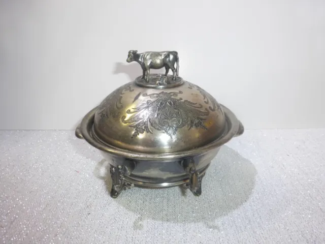 Antique Simpson Hall Miller Co Silverplate Lidded Butter Dish w Cow Finial As Is