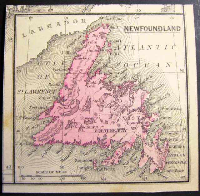 1888 Original Antique Mitchell Miniature Handpainted Map of  Newfoundland
