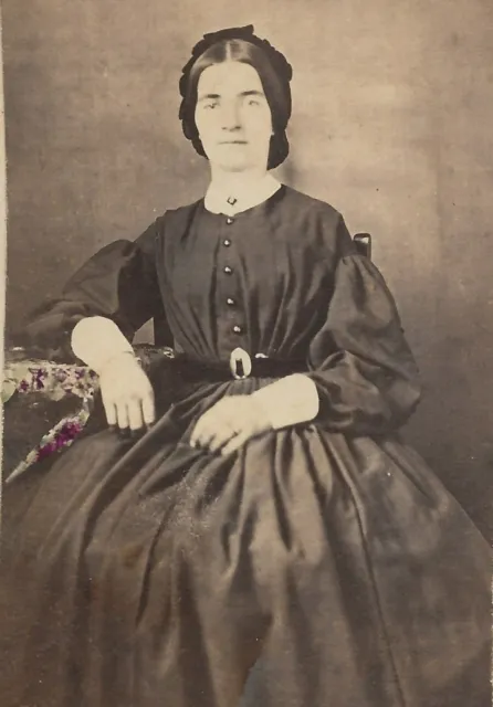 Antique CDV Photograph Lovely Woman Civil War Silk Hoop Dress Belt Hair Bow