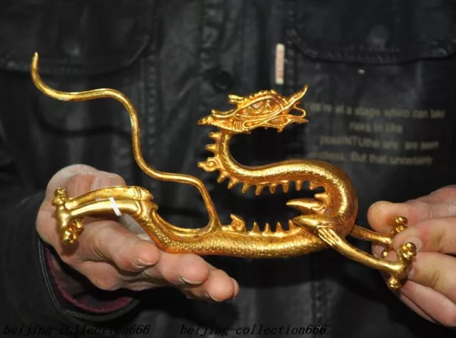 Ancient China dynasty bronze 24k gold Gilt Feng Shui Lucky animal Dragon statue