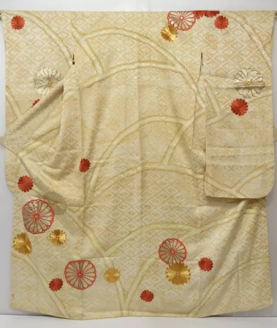 1702T07z1130 Vintage Japanese Kimono Silk FURISODE Chrysanthemum Off-white