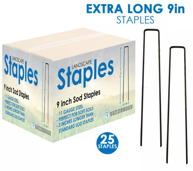 Sandbaggy 25 9 Inch EXTRA LONG Landscape Staples~SOD Staples Garden Stakes Weed