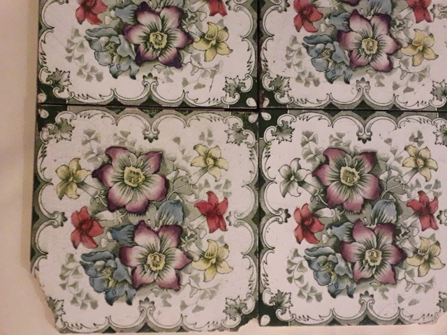 Antique Reclaimed Tint & Print set of 4 Tiles Victorian Flowers very Pretty 2