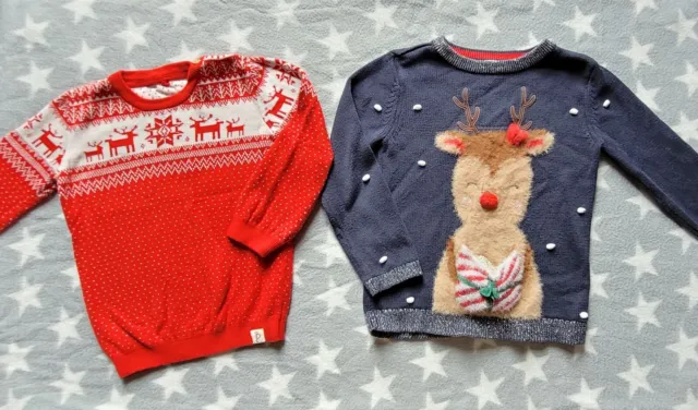 Girls Age 3-4 Christmas Jumper Bundle inc Fluffy Reindeer & Fair Isle Red