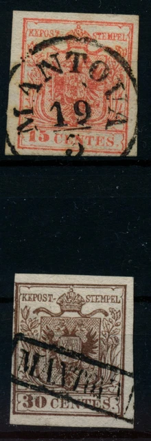 LOMBARDEI-VENETIEN 1850 2Stk.Marke:-15C, und -30C, Verschiedene MANTOVA