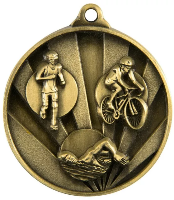 Triathlon  Medal  3D Effect Antique Gold  50mm Inc Ribbon and Engraved FREE