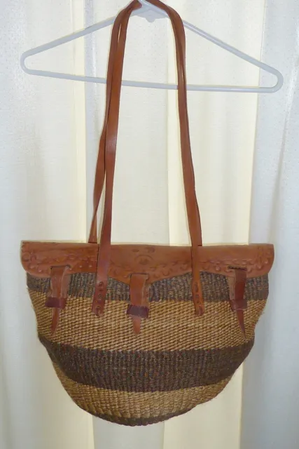 Large Vintage Woven African Sisal Market Bag Kenya Boho Style with leather top