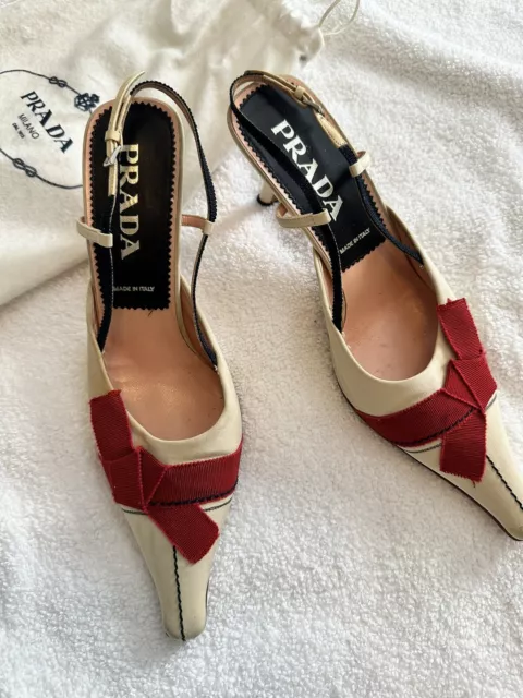 Prada Women’s Ivory, Red, and Navy Blue Slingback Heels Size 39.5