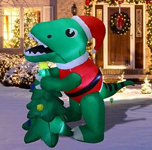 MorTime 5 FT Christmas Inflatable Dinosaur with Gift Box, Blow up Yard Prop