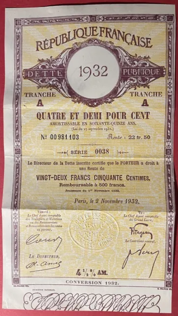 France 1932 Public Debt Bond Certificate Paying 4.5% aUNC - US Seller