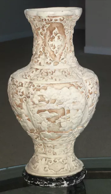 Vintage Large Chinese Carved White  Vase Clay Several sceneries 23” Tall