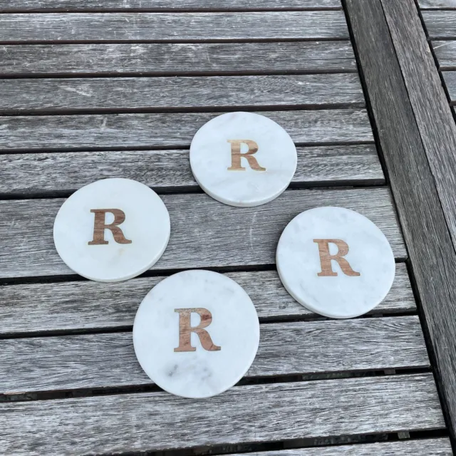 Pottery Barn Handmade Alphabet Marble & Wood Coasters Initial “R” S/4 NIB NWOT