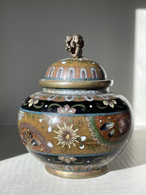 Antique Fine Meiji Gilt Cloisonné Lidded Jar With Monkey