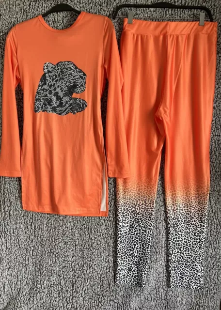 Chicme Sz M Leopard Cheetah 2 Piece Set Women’s Orange Pants LongSleeve Top