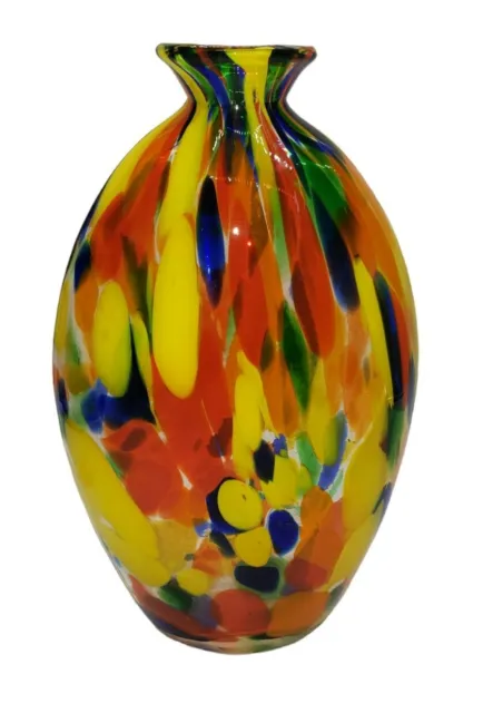 Vintage Splatter Hand Blown Glass Vase Multicolor 10.75”