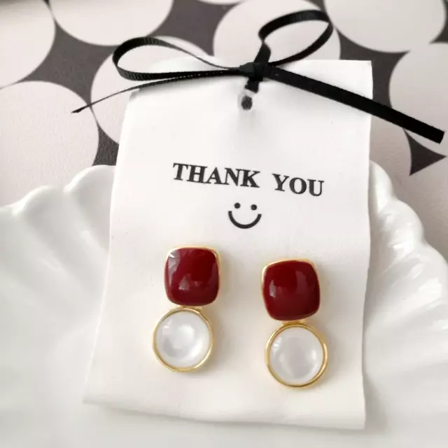 New French Style Classy Red Enamel Geometric Shell Drop Studs/ Earrings