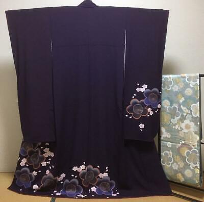 Kimono & Obi set purple 157cm beauty long sleeves Japanese furisode belt #3