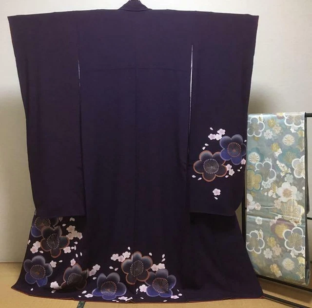 Kimono & Obi set purple 157cm beauty long sleeves belt Japanese furisode no box