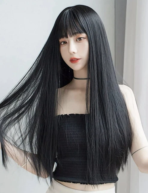 Perruque Longue Synthétique Noire Lisse Avec Frange - Taille Moyenne + 4 Bonnets