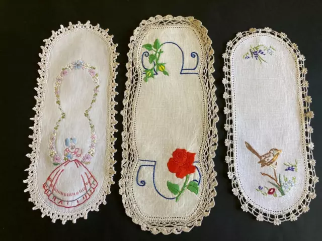 Three Lovely Vintage Hand Embroidered Sandwich Doilies - Crocheted Edges