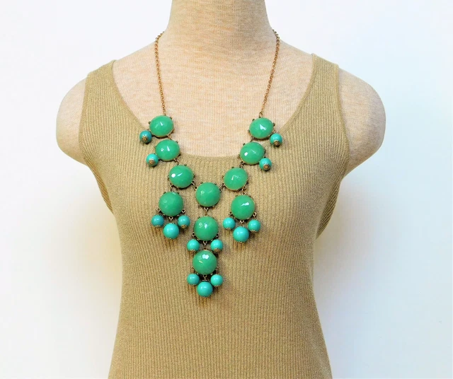 Fashion Womens Facetet Green Lucite Stone Teal Beads Gold Chain Bubble Necklace