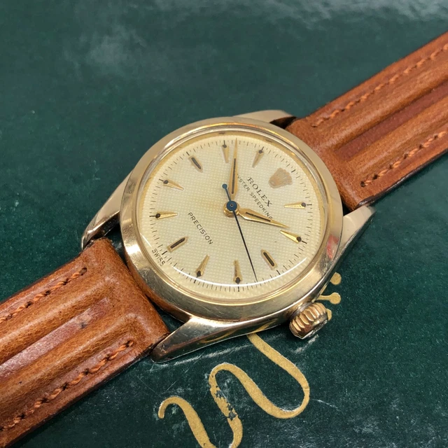 1956 Rolex Oyster Speedking 6418 Waffle Dial Gold Top 31mm Precision Wristwatch 1956 Rolex Oyster Speedking 6418 Waffle Dial Gold Top 31mm Precision Wristwatch