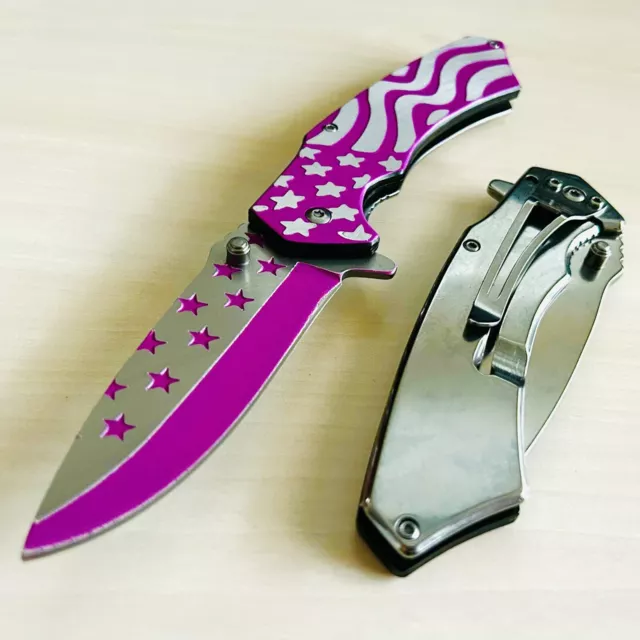 9” USA FLAG Pink Tactical Spring Assisted Open Folding Pocket Knife Survival