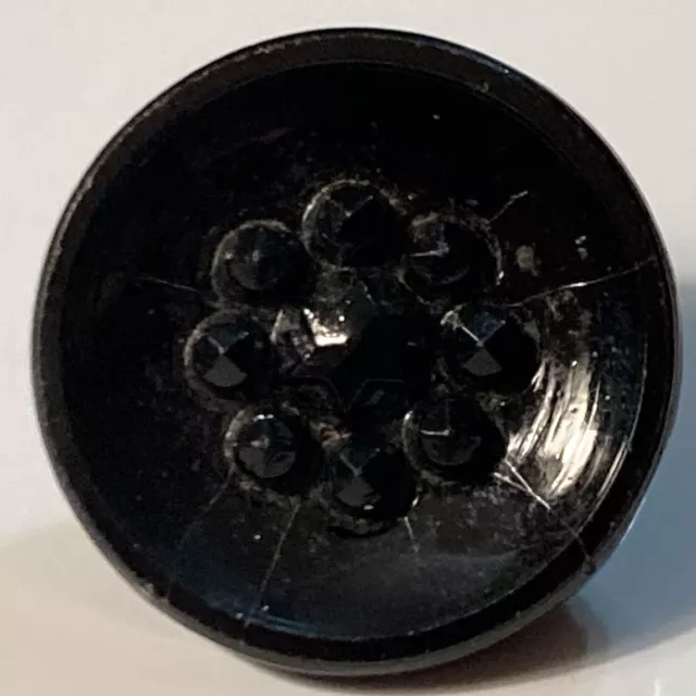 Antique Jet Black Glass Button Center Faceted Beads Relief Metal Shank 5/8"