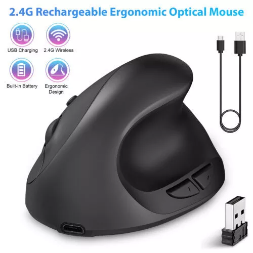 Comfortable Ergo Vertical Wireless Mouse Mice - Sleek Ergonomic Design - Black