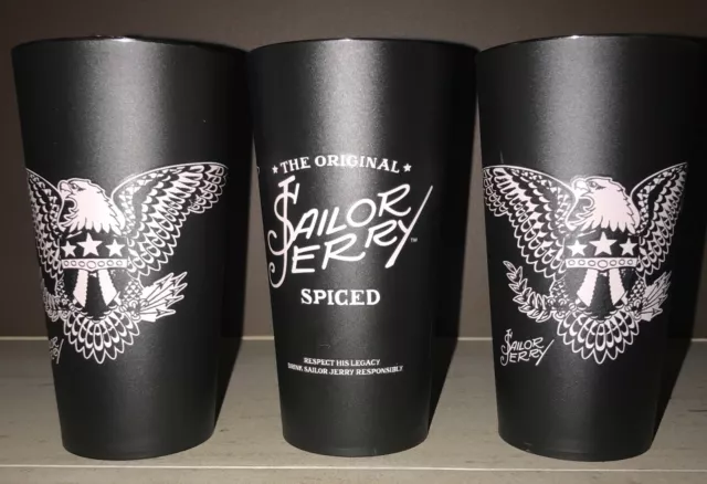 Sailor Jerry Rum -3x Black Plastic Tumblers - Eagle Design -Man Cave/H. Bar -NEW