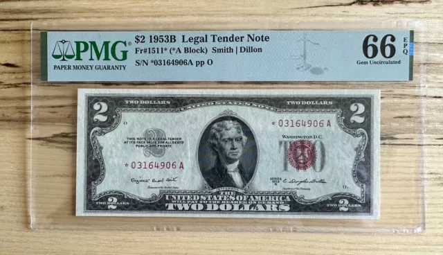 1953 B $2 Legal Tender Red Seal Star Note Fr.1511* Pmg Gem Unc 66 Epq