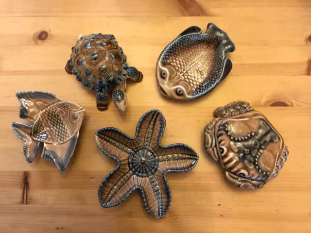 5 Vintage Wade Pin Dishes, Tortoise, Crab, Starfish, Plaice And Fish