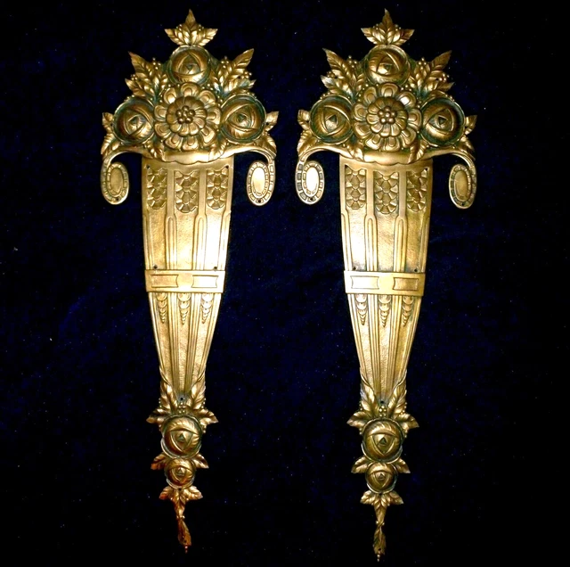 PAIR OF ANTIQUE FRENCH BRONZE/BRASS ART DECO DECORS MOUNTS PEDIMENTS 45 x 15cm