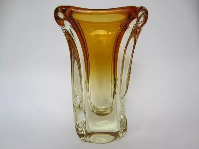 Murano handmade art glass vase orange in crystal clear glass very large & heavy