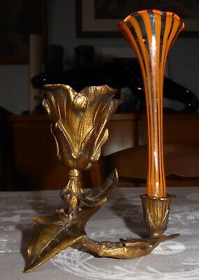 Pyrogène soliflore vase cornet art nouveau verre et bronze