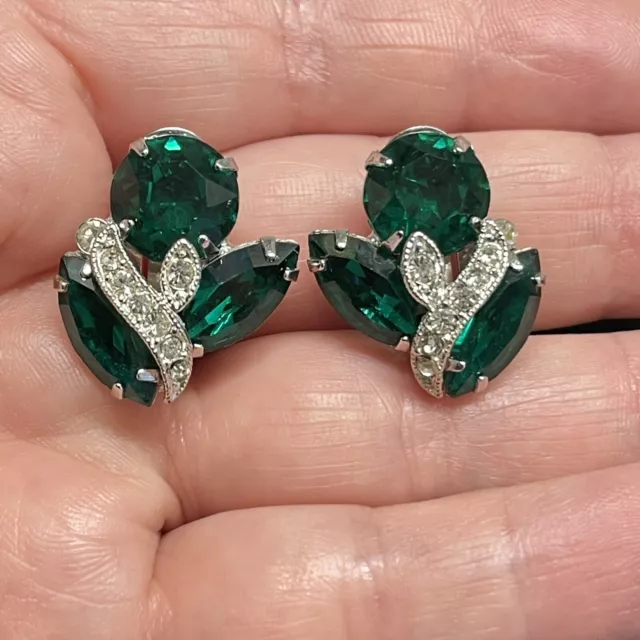 Vintage Eisenberg Ice Green Rhinestone Crystal Silver Tone Clip On Earrings