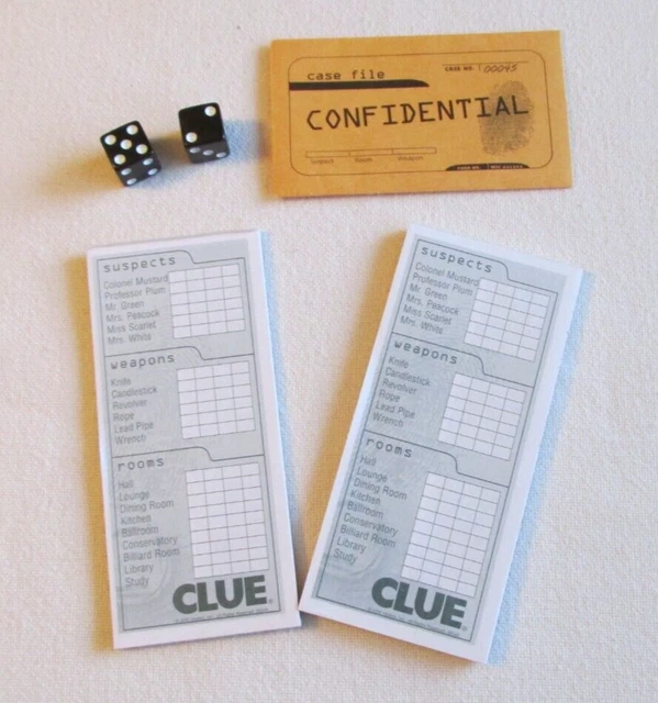 CLUE GAME 2002 Dice Case File Envelope Notebook Pads Replacement Parts