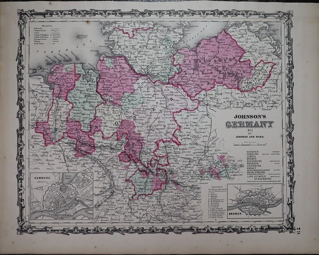 1862 Johnson's Atlas Map ~ GERMANY #1 ~ (14x18)   Free S&H  -#842