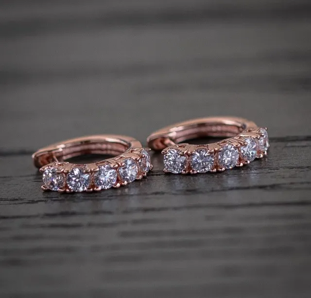 Men's Iced Rose Gold Sterling Silver Small Cz Solitaire Huggie Hoop Earrings