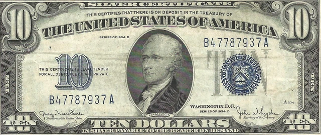 1934D $10 BLUE Seal SILVER Certificate! Old US Paper Money Currency!