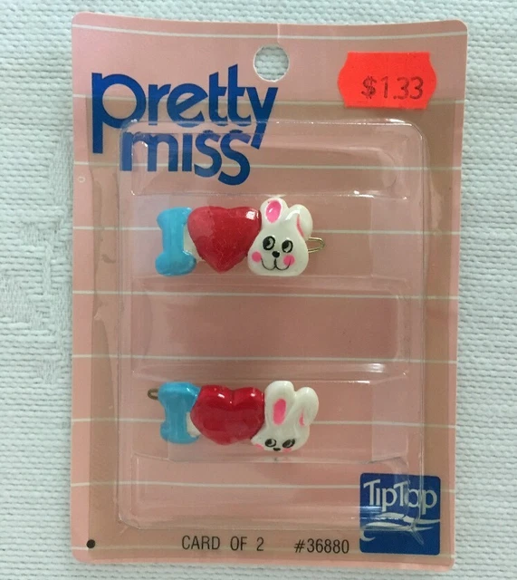 Vintage Hair Barrettes “I ❤️ Bunnies” Pretty Miss Tip-Top Heart Love Easter NOS