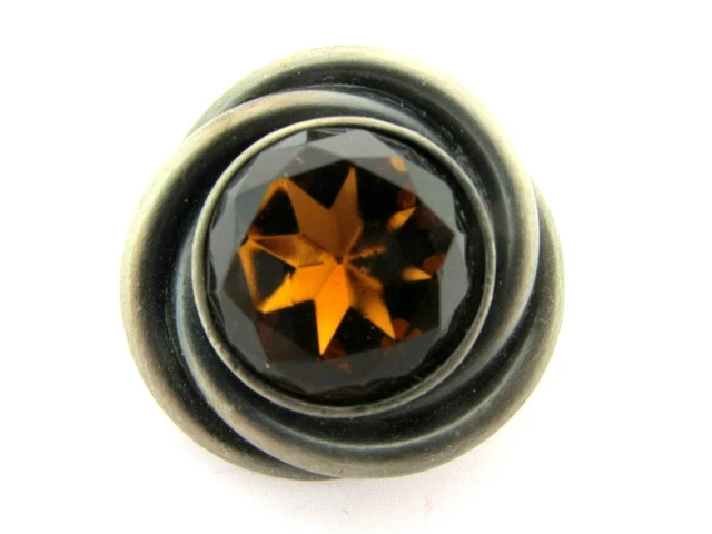 Small Vintage Ginnie Johansen Topaz Color Rhinestone Brooch Pin Pewter Tone