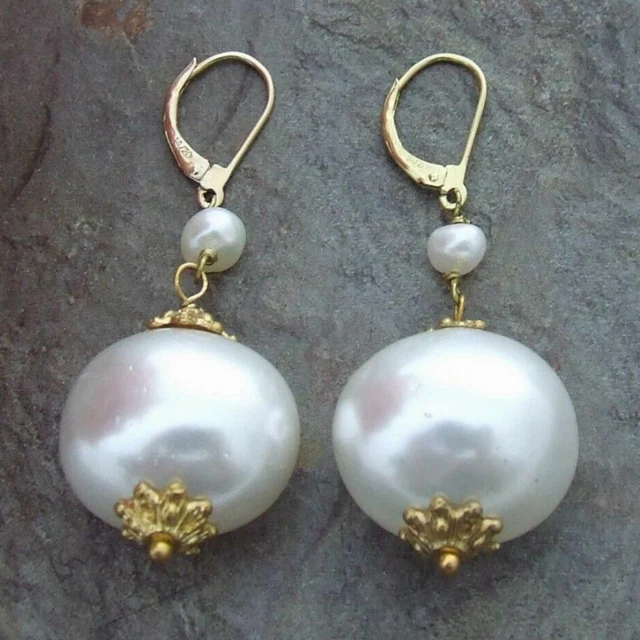 Fashion natural white round Sea Shell Pearl gold earrings Diy Lucky Classic