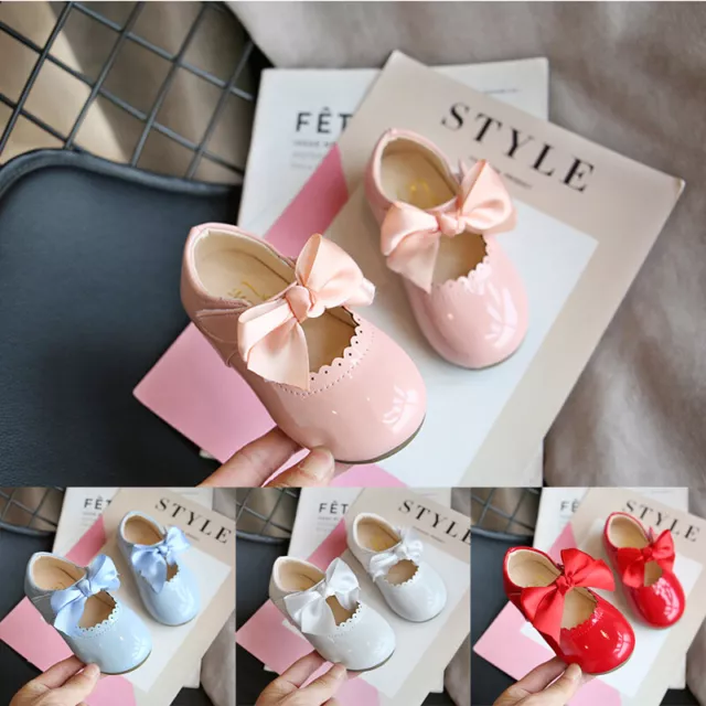 Kids Baby Girls Ribbon Bow Spanish Wedding Party Patent Infants Toodler Shoes Uk